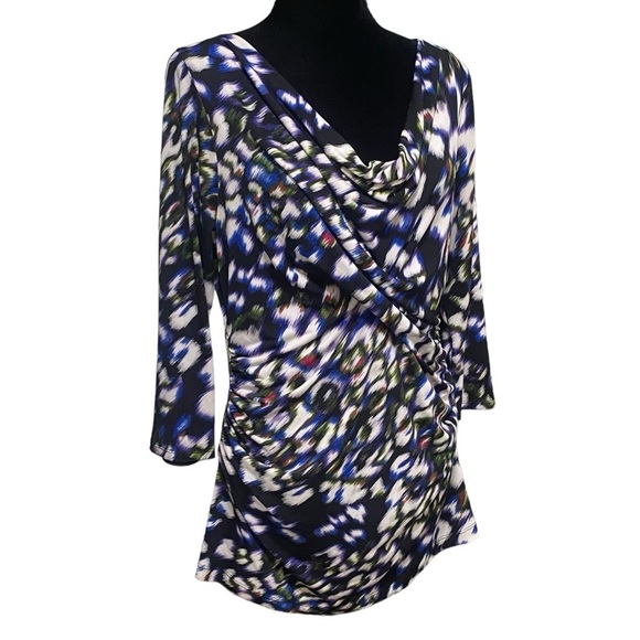 Vince Camuto Abstract Cowl Neck Blouse Black Blue Draped Top Large - Picture 2 of 7
